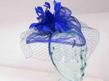 Sinamay fascinator with feathered flower in blue