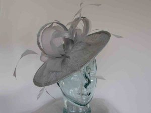 Silver hatinator with sinamay and crim bow