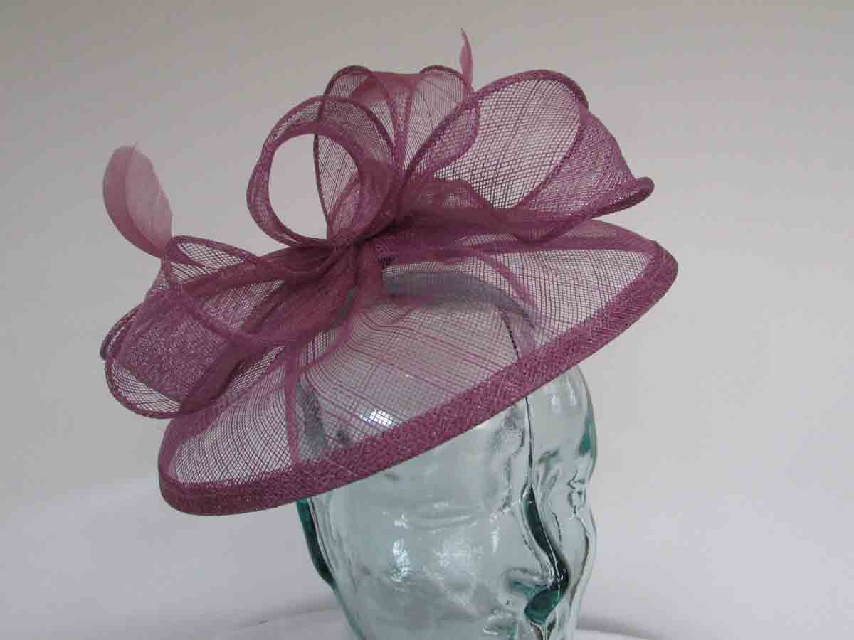 Sinamay fascinator with feathers in cassis purple