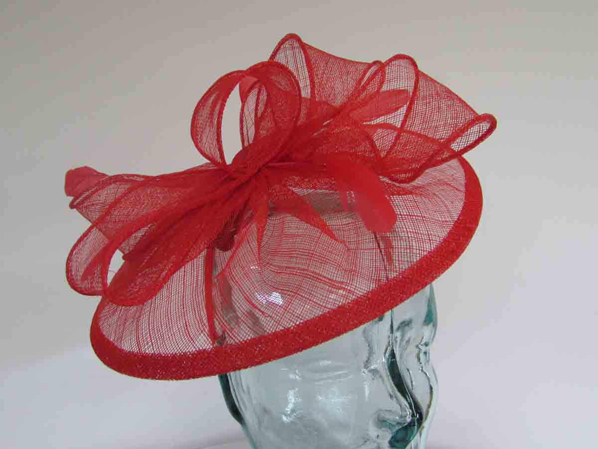 Sinamay fascinator with feathers in vermilion