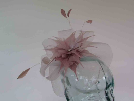 Crin fascinator with feathered flower in heather