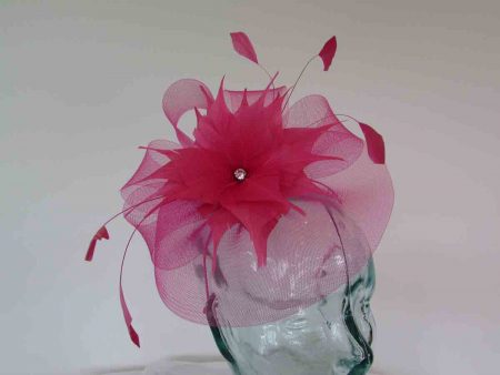 Crin fascinator with feathered flower in raspberry pink