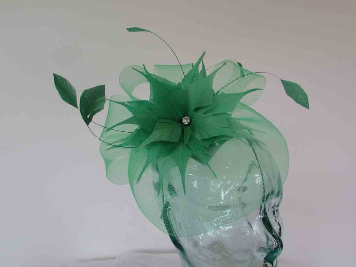 Crin fascinator with feathered flower in spring green