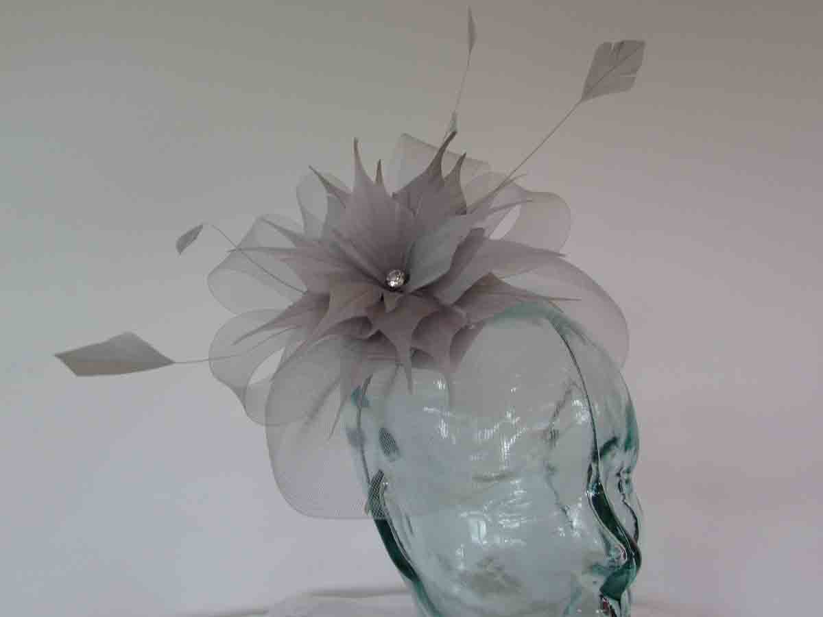 Crin fascinator with feathered flower in sleet silver