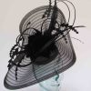Pleated crin fascinator with feathered flowers in black