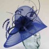 Pleated crin fascinator with feathered flowers in cobalt blue