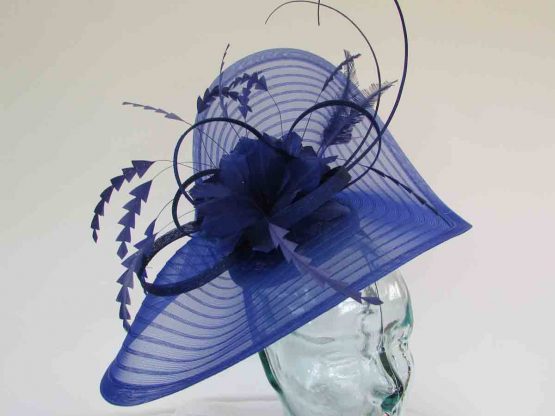 Pleated crin fascinator with feathered flowers in cobalt blue