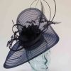 Pleated crin fascinator with feathered flowers in navy