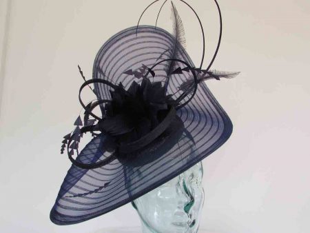 Pleated crin fascinator with feathered flowers in navy