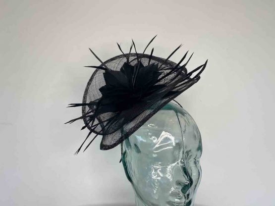 Sinamay fascinator with feahered flower in black