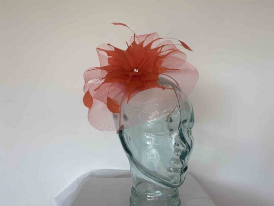 Crin fascinator with feathered flower in red