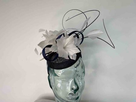 Pillbox fascinator with quills in navy and white