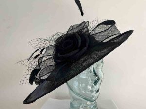 Large sinamay hatinator with sinamay rose in black