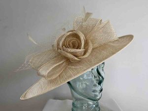 Large sinamay hatinator with sinamay rose in gold lurex
