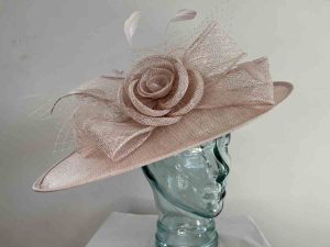 Large sinamay hatinator with sinamay rose in pink lurex