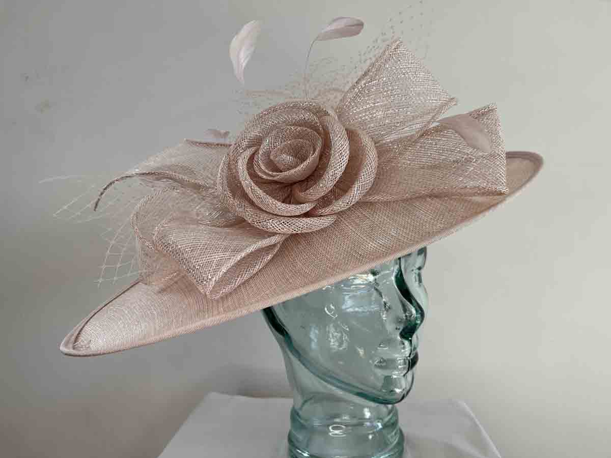 Large sinamay hatinator with sinamay rose in pink lurex