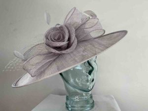 Large sinamay hatinator with sinamay rose in silver