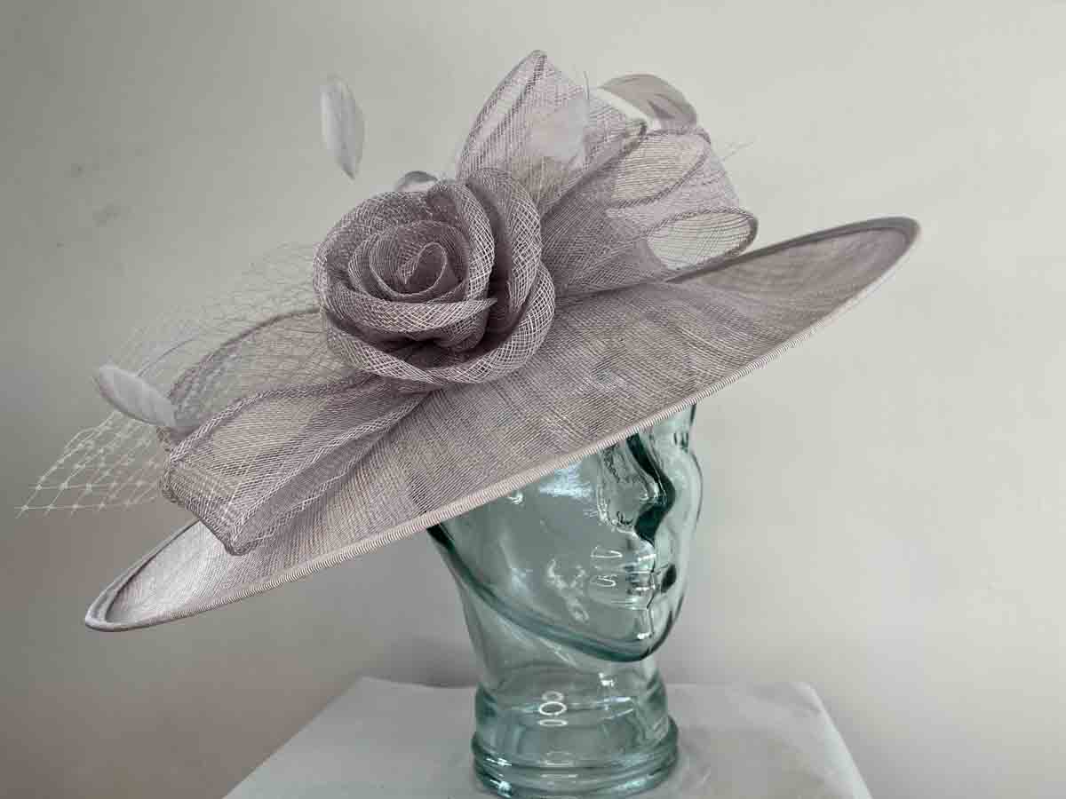 Large sinamay hatinator with sinamay rose in silver