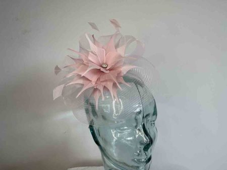 Crin fascinator with feathered flower in chalk pink