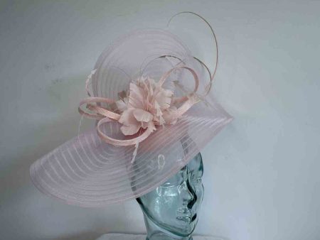 Pleated crin fascinator with feathered flowers in baby pink