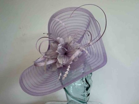 Pleated crin fascinator with feathered flowers in lilac