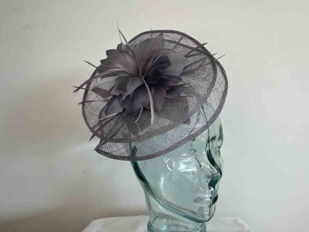 Sinamay fascinator with feathered flower in mercury