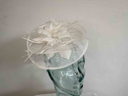 Sinamay fascinator with feathered flower in white