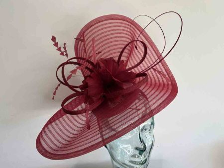 Pleated crin fascinator with feathered flowers in wine