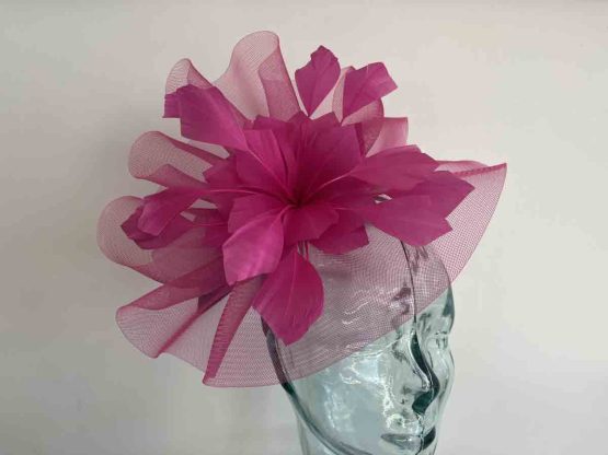 Crin fascinator with feathered flower in fucshia