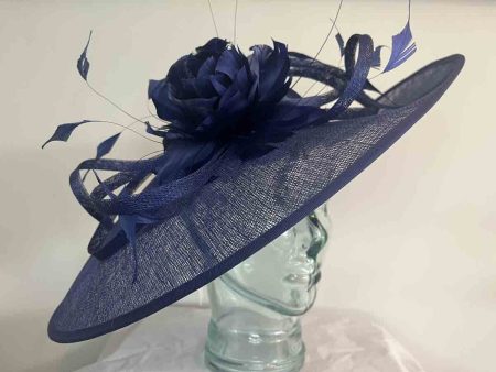 Large sinamay hatinator with feathered flower in cobalt