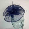 Sinamay fascinator with feathered flower in cobalt