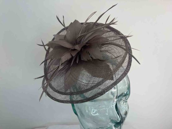 Sinamay fascinator with feathered flower mink