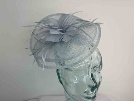 Sinamay fascinator with feathered flower in new baby blue