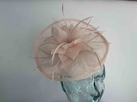 Sinamay fascinator with feathered flower in new blush