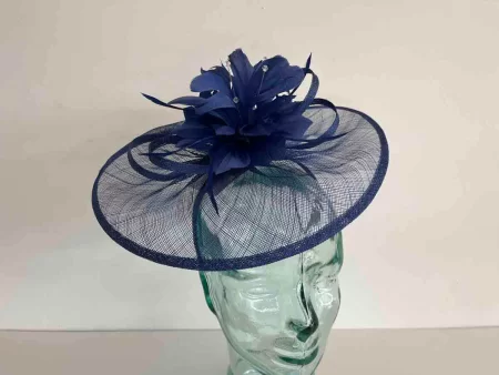 Sinamay fascinator with feathered flower in cobalt