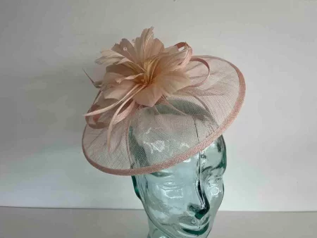 Sinamay fascinator with feathered flower in linen