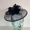 Sinamay fascinator with feathered flower in navy