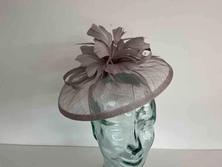Sinamay fascinator with feathered flower in pebble